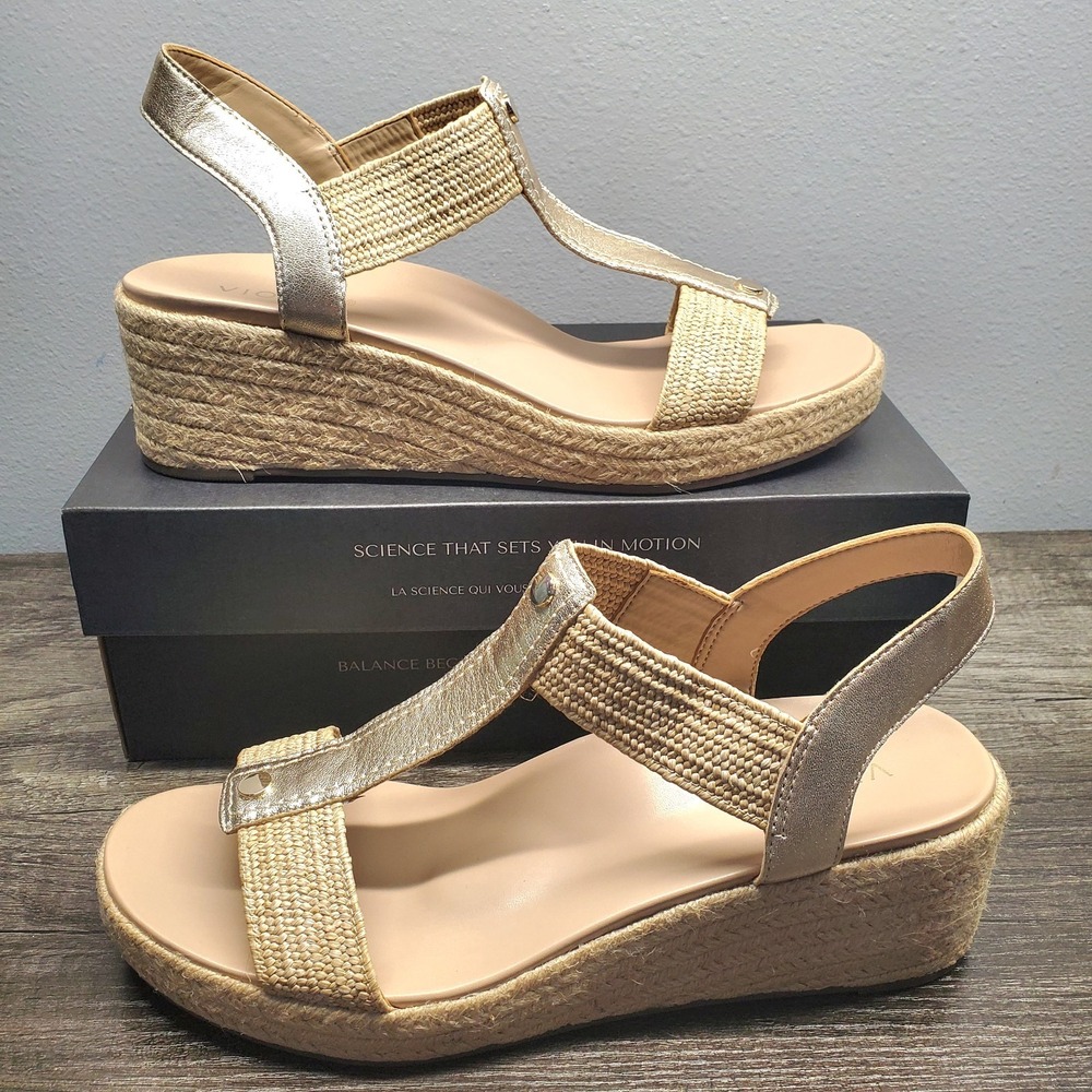 Vionic Sandals Womens 12M Calera Gold Leather Slingback Wedge Shoes NIB